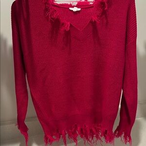 Elegant Frayed V-Neck Sweater in Bold Red